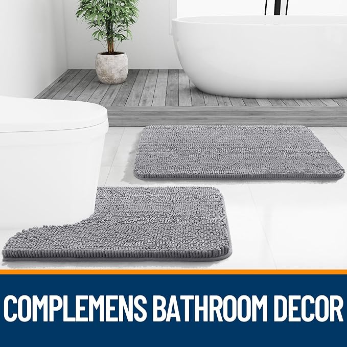 OLANLY Bathroom Rugs 34x21, Extra Soft Absorbent Chenille Bath Rugs, Rubber Backing Quick Dry, Machine Washable Bath Mats for Bathroom Floor, Tub and Shower, Home Decor Accessories, Grey
