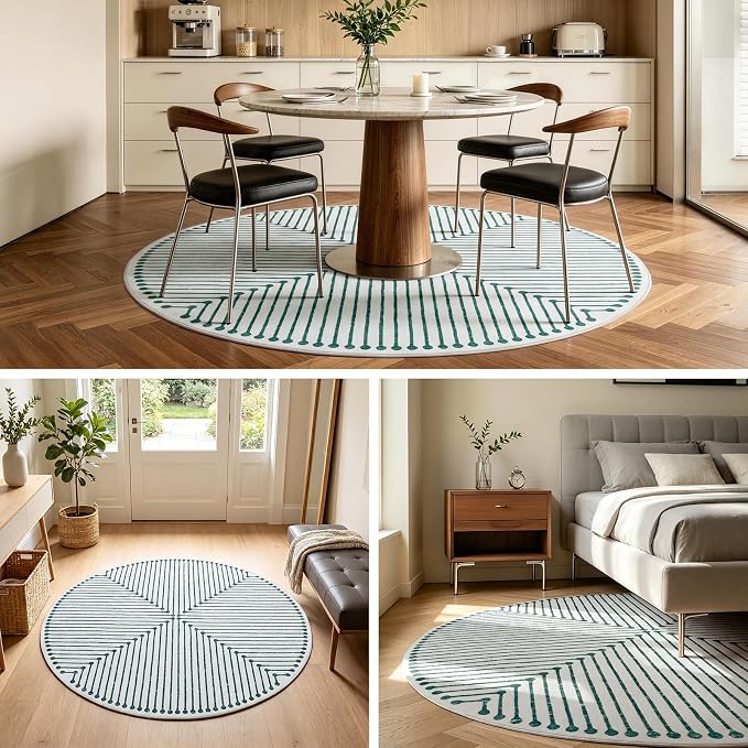 YIHOUSE Modern Washable 6ft Round Rug for Living Room, Green and White 6x6 Circle Rugs for Bedroom Non Slip Non Skid, Striped Carpet for Dining Room Playroom Home Office Decor