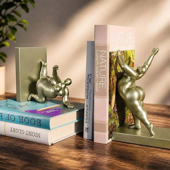 Sculptural Bookends Set of 2, Decorative Modern Bookends with Adjustable Phone & Tablet Holder, Artistic Resin Book Ends for Shelves, Heavy Duty Home & Office Decor – Metallic Sage