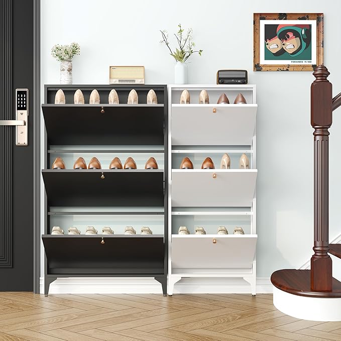 Shoe Storage Cabinet with 3 Flip Drawers, Freestanding Hidden Slim Narrow Shoe Rack Cabinet for Entryway, Metal Modern Shoe Cabinets for Foyer, Front Door,Living Room,Hallway, Black