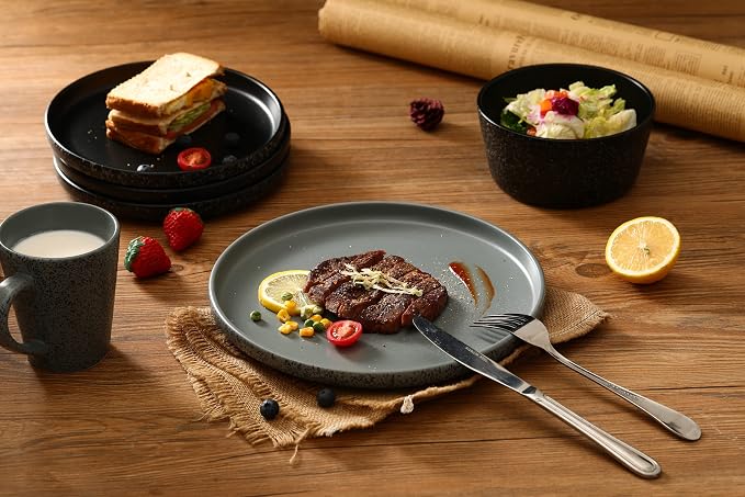 Bestone 16 Piece Round Kitchen Dinnerware Sets,Plates and Bowls sets,Dishes, Dinner Plates, Cereal Bowls Set,Bowls, Mugs, Dish Set,Plates and Bowls,Service for 4, Stoneware Dinnerware,Black matte