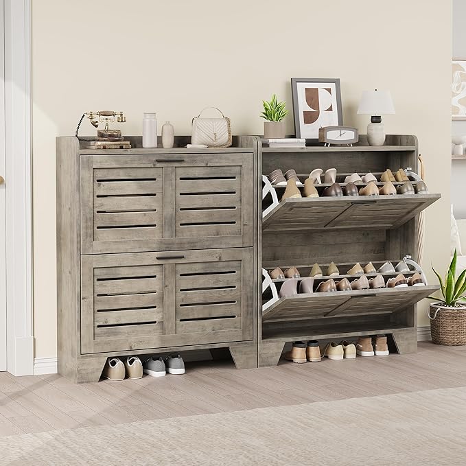 IDEALHOSUE Shoe Cabinet Storage for Entryway, Slim Shoe Storage Cabinet with 2 Flip Drawers, Freestanding Hidden Narrow Shoe Organizer Cabinet with Hooks for Entrance, Foyer, Hallway, Gray