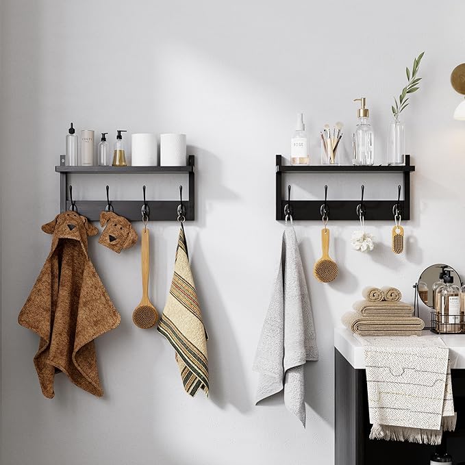 STELLSTAR Coat Rack with Shelf, 2 Pack Bamboo Wall-Mounted Coat Hanger with 8 Hooks for Entryway, Hallway, Kitchen, Bathroom, Living Room, Utility Room (Black)