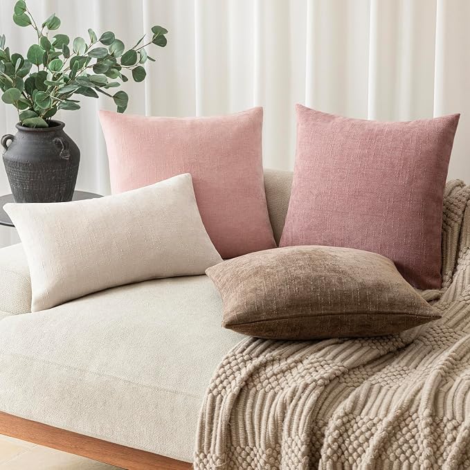 Foindtower Pack of 2 Soft Textured Chenille Throw Decorative Pillow Covers Square Accent Solid Cushion Cover Cozy Neutral Farmhouse Pillow Case for Couch Sofa Bedroom Living Room 24x24 Inch,Light Pink