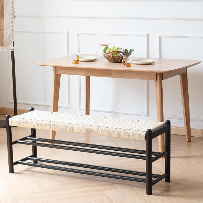Solid Wood Entryway Bench with Shoe Storage, Rustic Oak Wood and Woven Design 45 Inch Long Seating for Living and Dining Rooms, 3-Tier Black