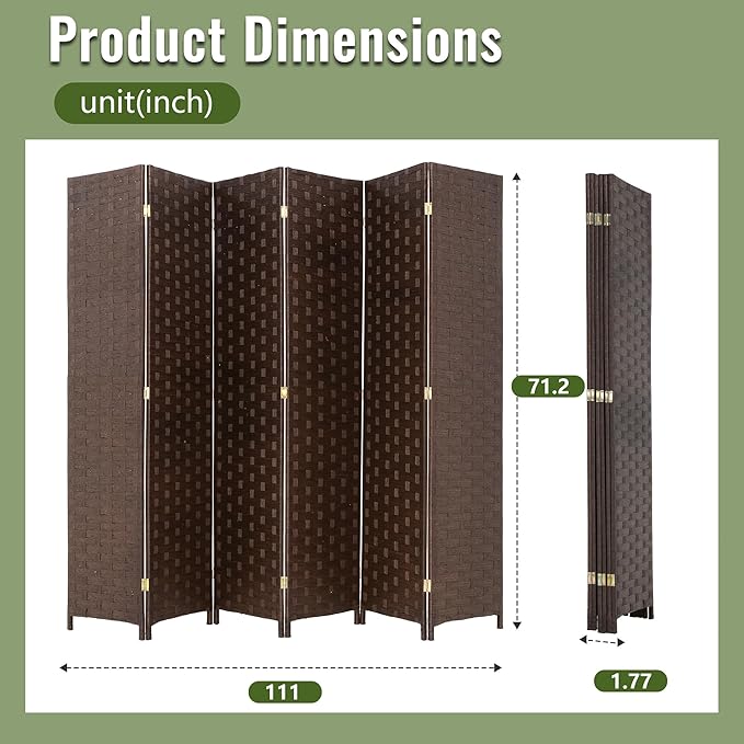 FDW Room Divider Wood Screen 6 Panel Folding Portable Partition Screens Wooden Mesh Woven Design for Home Office (Dark Brown)