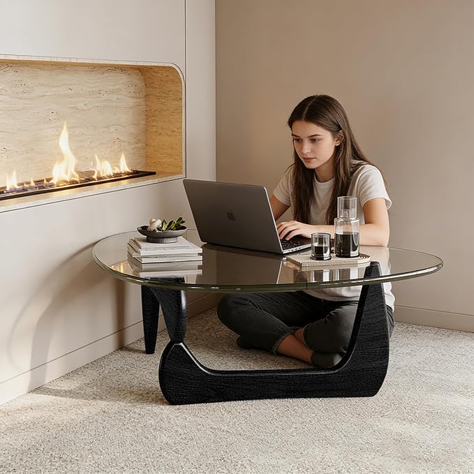 Morden Glass Coffee Table, Oval Center Table with Tempered Glass Top for Living Room, Small Spaces, Apartment, Office