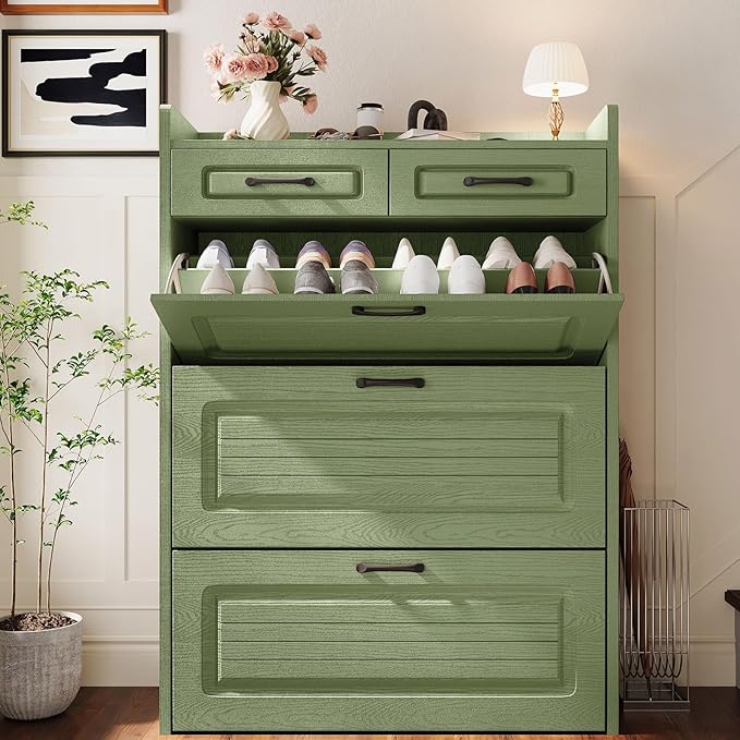 Shoe Cabinet with 3 Large Flip Drawers and 2 Storage Drawers, Narrow Shoe Organizer Cabinet Fits for Kinds of Shoes, Hidden Shoe Storage Cabinet for Entryway, Hallway, Green