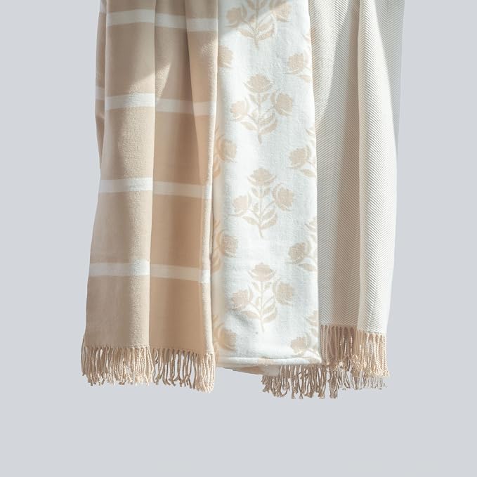 Hofdeco Premium Coastal Decorative Throw Blanket for Patio Couch Sofa, Neutral Tan White Pinstripes with Fringe, 52"x71"