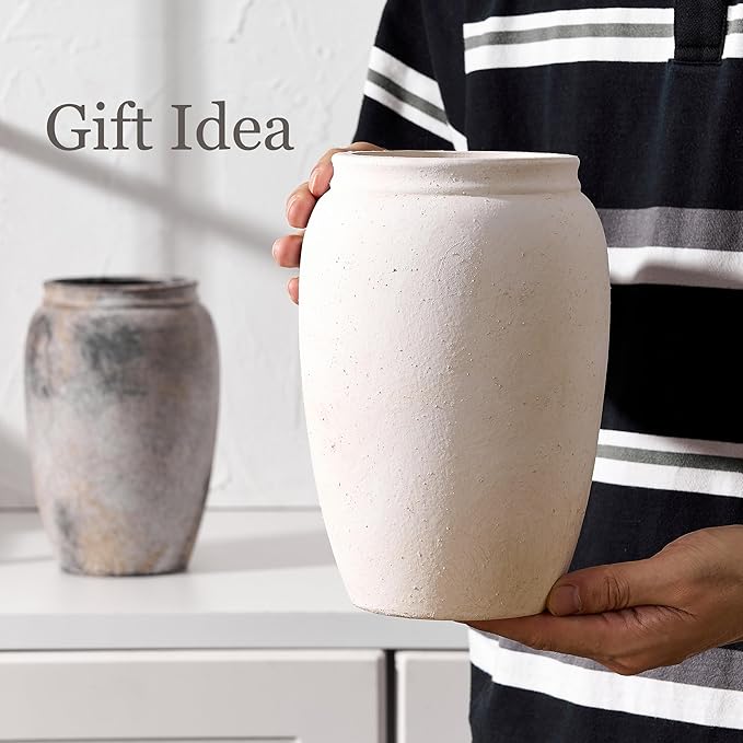 PORCER Ceramic Vase, 8.2 Inches Vintage Pottery White Vases, Rustic Home Decor, Farmhouse Terra Cotta Vase for Living Room, Entryway, Floor, Holiday Wedding Christmas New Year Gifts-Beige