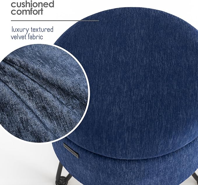 Round Ottoman with Storage, Textured Velvet Storage Ottoman, Foot Stool Ottomans, Makeup Vanity Stool, Small Ottomans Foot Rest, Modern Vanity Stools for Living Room and Bedroom, Blue