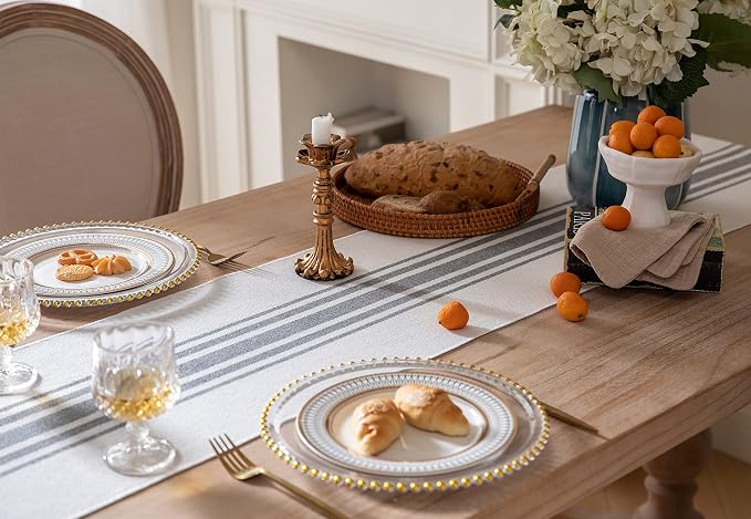 Boho Table Runner for Modern Farmhouse Decor, Dining Table décor 13 x 60 Inch Long with Handcrafted Tassels, Black and Beige Stripe Table Runner for Home Boho décor