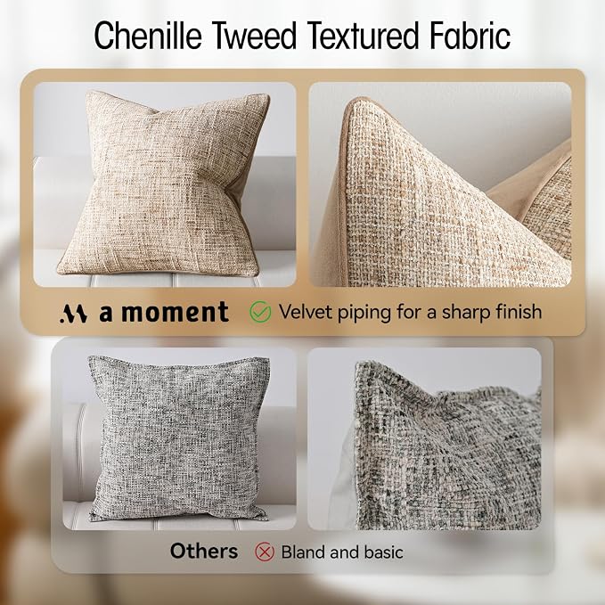 a moment Khaki Reversible Pillow Covers 2 Pack - Farmhouse Chenille Velvet Throw Pillows, Neutral Textured Decorative Throw Pillow Covers with Border for Couch Sofa Bed (22x22 Inch, No Insert)