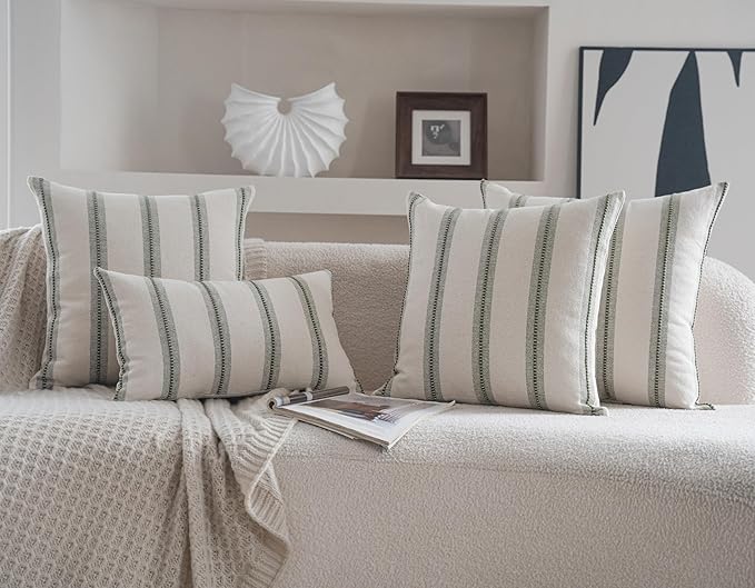 Cethom Boho Throw Pillow Covers 12x20 Set of 2, Olive Green Striped Decorative Pillow Cases for Couch Chair Bed, Textured Farmhouse Modern Accent Cushion Covers for Living Room Bedroom Sofa Home Decor