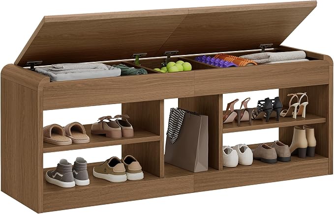 Shoe Storage Bench, 47.2in Entryway Bench with Flip-Open Storage Box, 2 Tier Shoe Rack Organizer with Shelf, Entryway Cabinet for Hallway Living Room Bedroom, Walnut