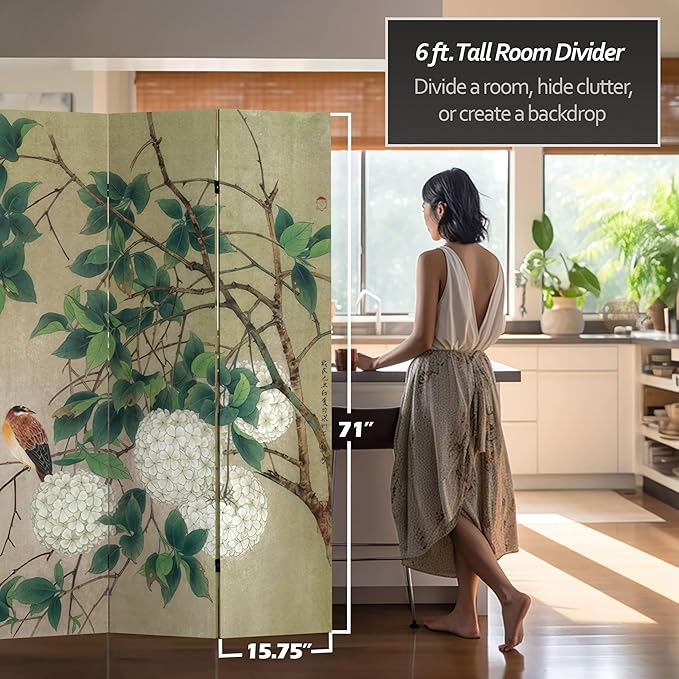Red Lantern 6 ft. Tall Double Sided Birds in the Trees Canvas Room Divider 4 Panel Freestanding Folding Privacy Screen Partition and Separator for Modern and Contemporary Bedroom Home Office Dorm