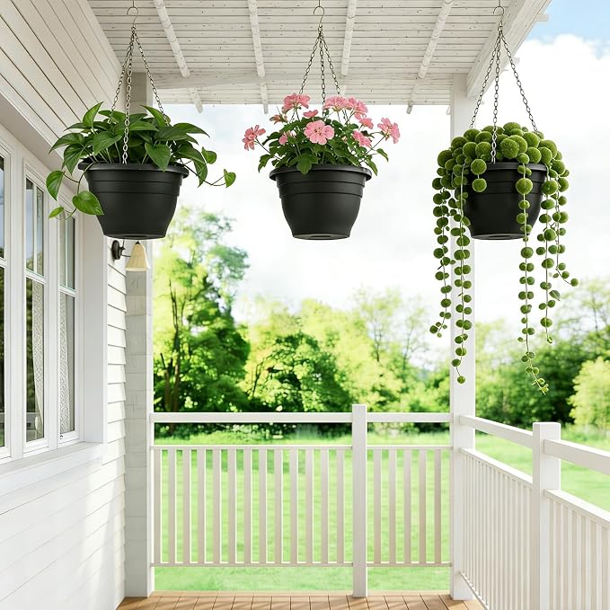 Drzewo Hanging Planters, 10 inch Hanging Plant Pot,4pcs self Watering pots for Indoor Plants with Hanger Chain & Drainage HoleHanging Planters for Indoor Outdoor Plants Patio Porch Decor