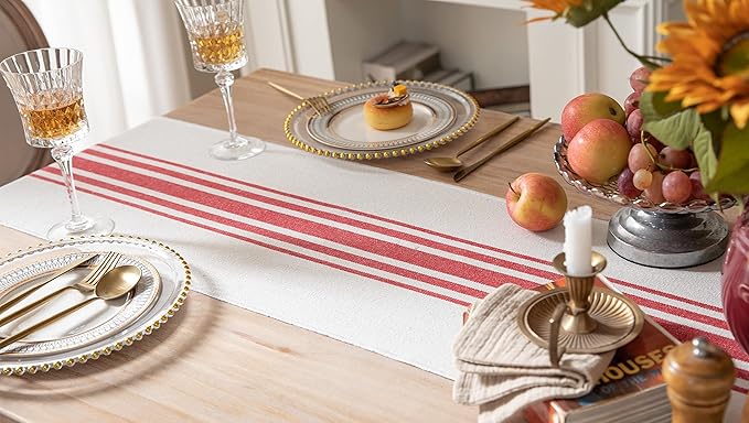 Christmas Table Runner 13 x 72 Inch for Dining Table, Boho Christmas Decorations, Coffee Table Runner with Handcrafted Tassels, red and Beige Stripe Table Runner for Holiday, Winter