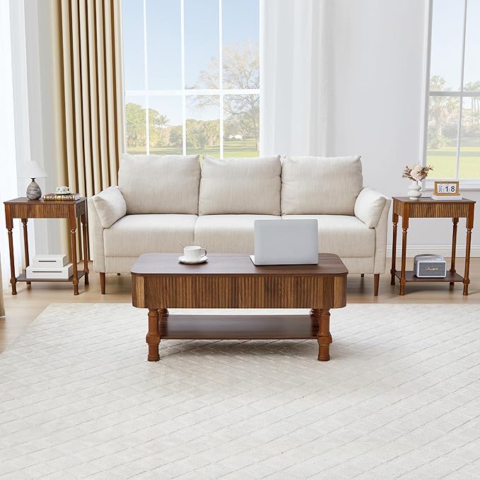 39”Large Lift Top Coffee Table with Hidden Storage Compartment,Fluted Coffee Tables Fully Assembled Wooden Center Table,Mid Century Modern Lift Tabletop Dining Table for Living Room Home Office,Walnut