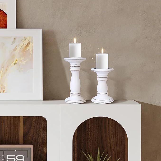 Wooden Candle Holder Set of 2 (8" & 6") - Handcrafted Pillar Candle Stand - Rustic Mango Wood Decorative Candle Holders for Home, Mantel, and Table Décor - White Antique
