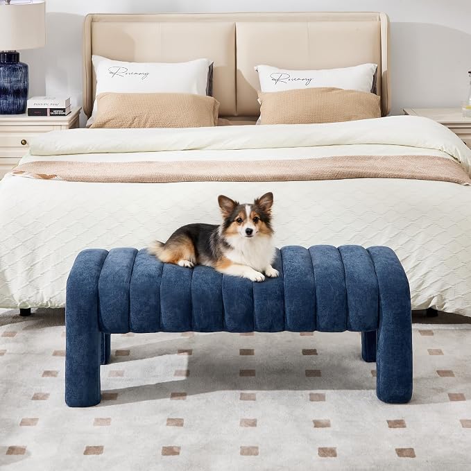 43’’ Bedroom Bench, Upholstered End of Bed Bench with Solid Wood Legs, Modern Small Dining Bench with Full Covered Fabrics for Entryway, Bedroom, Living Room (Blue, Chenille)