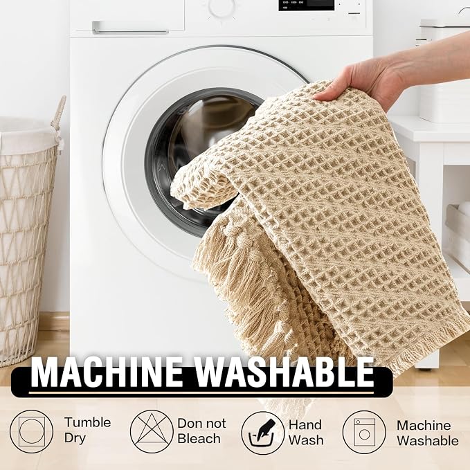 H.VERSAILTEX Waffle Bath Runner Rug Long Bath Mat Super Absorbent Boho Bath Rugs Non Slip Bath Runner for Bathroom Floor Machine Washable Dry Fast Bathroom Rugs with Tassels, 24" x 60", Vanilla