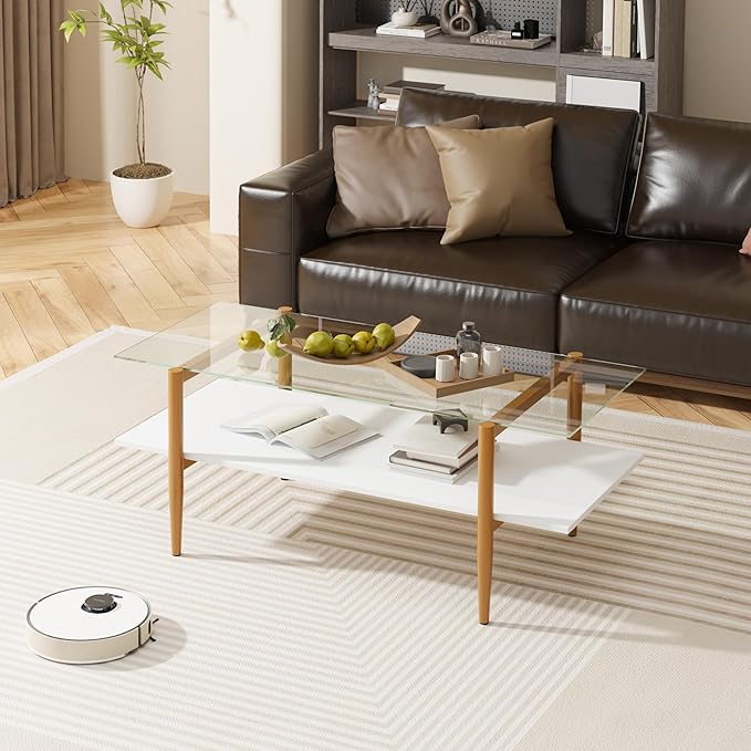 Furnify Glass Coffee Table, Rectangle Living Room Center Table with Golden Legs, Mid-Century Modern Accent Tables with Open Shelf for Living Room, Office, White