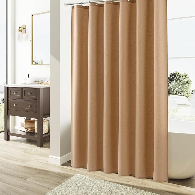 Naturoom Camel Linen Shower Curtain, Country Boho Farmhouse Bath Decor Shower Curtains Neutral Cloth Weighted Textured Fabric Bath Curtain Liner with Hooks, 72x84