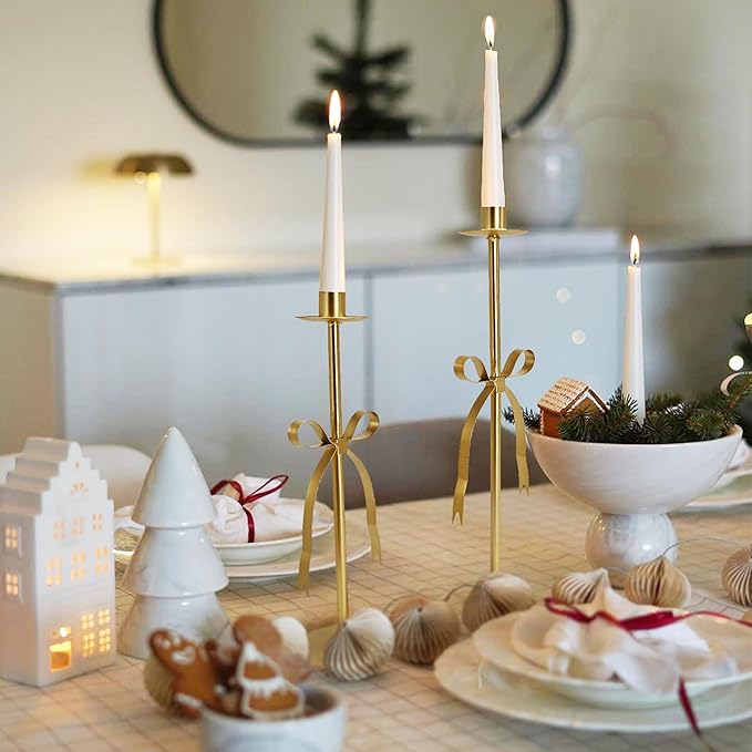 Gold Candle Holders Set of 2 Metal Taper Candle Stands with Bow Design, Modern Decorative Candlesticks for Dining Table, Wedding, Fireplace, Holiday & Christmas Decor
