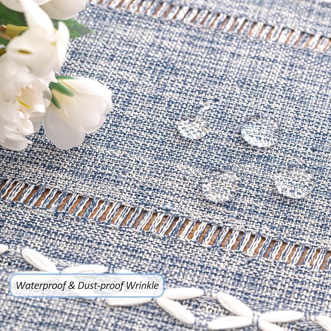 Table Runner, Rustic Farmhouse Linen Waterproof Table Runners for Holiday Party, Dresser Decor and Dining Room Decorations-Blue-14 x90, 6-8 Seats