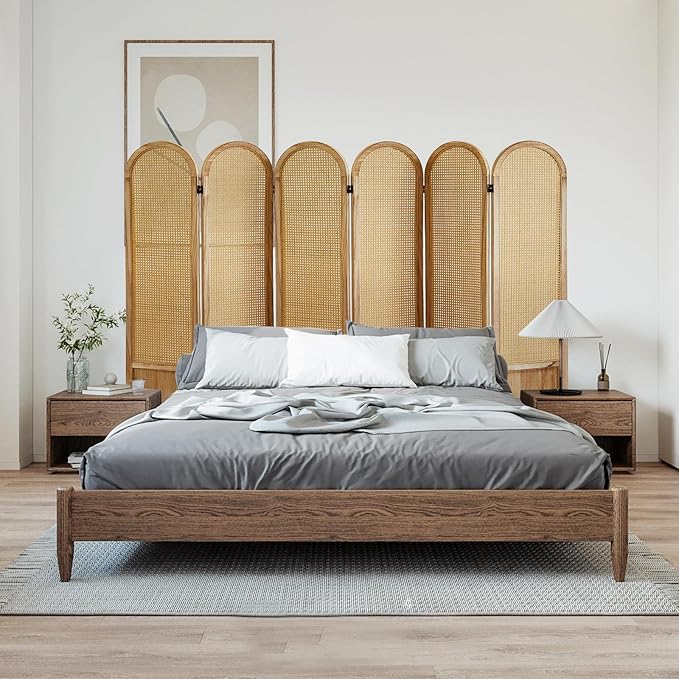 6 Panel Rattan Room Divier, Room Divider Panel and Folding Privacy Screens, Room Divider Wall, Solid Wood Frame, Partition Room Dividers, Bedroom, Lounge, Light Brown