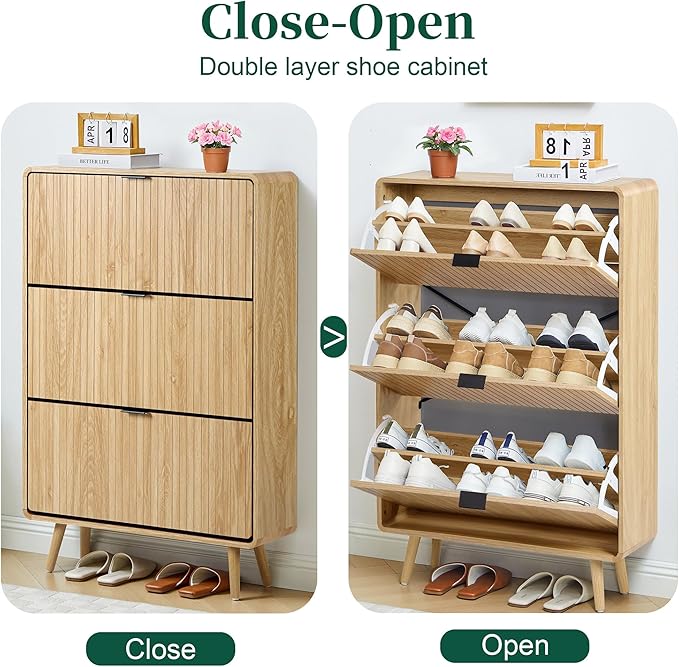FurSch Fluted 47 Inch Tall Shoe Cabinet with 3 Flip Drawers, Narrow Hidden Shoe Storage Organizer Rack for Entryway Hallway (All Natural)