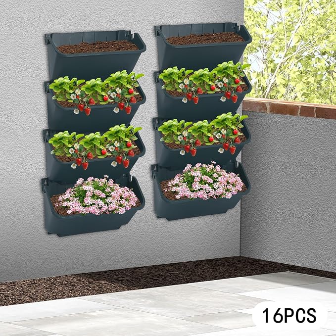 Vertical Wall Planter with 16 Pots, Hanging Garden Plant Flowerpot Holder, Stackable Wall-Mounted Planter, Balcony Planters for Flowers Vegetables Fruits (Army Green, 16 Pots)