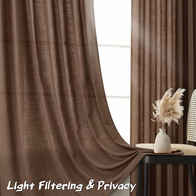 Joywell Caramel Brown Linen Curtains 120 Inches Length Light Filtering Neutral Farmhouse Boho Rod Pocket Back Tab Hook Belt Clip Rings Semi Sheer Window Drapes for Bedroom Living Room 52x120