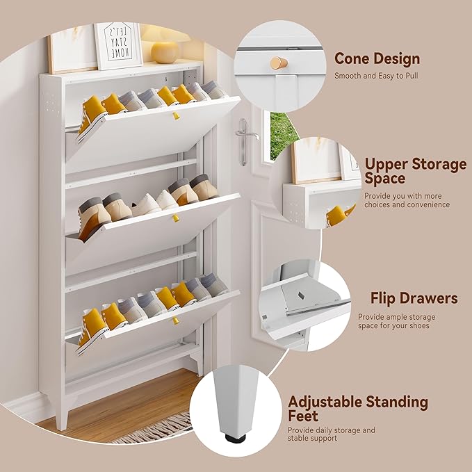 Slim Shoe Cabinet with 3 Flip Drawers,Narrow Shoe Cabinet,Freestanding Organizer,Metal Hidden Shoe Storage for Entryway,Hallway,Living Room(Width 27.56, White)