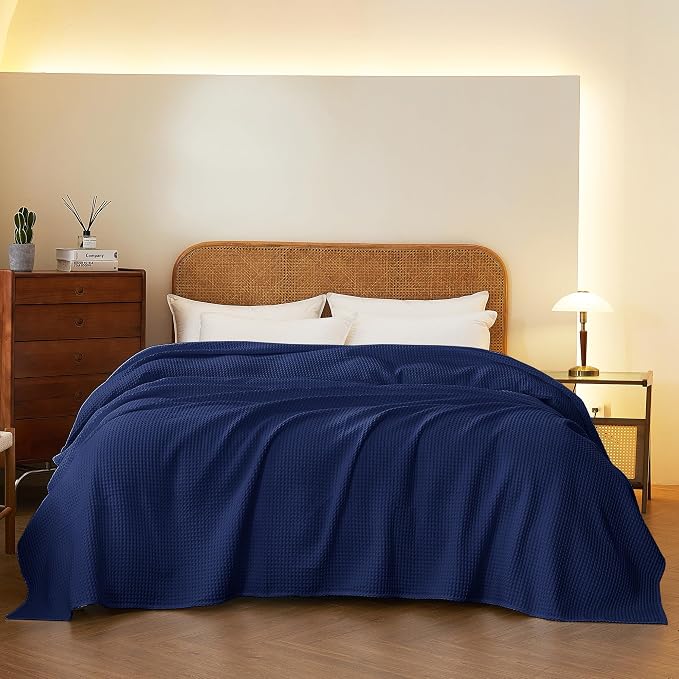 100% Cotton Waffle Blanket (Navy Blue - Full Size - 84 * 90''), Pre-Washed and Anti-Shrinkage Soft Lightweight Bed & Couch Blanket, 380 GSM Waffle Weave Throw Blanket for All Seasons