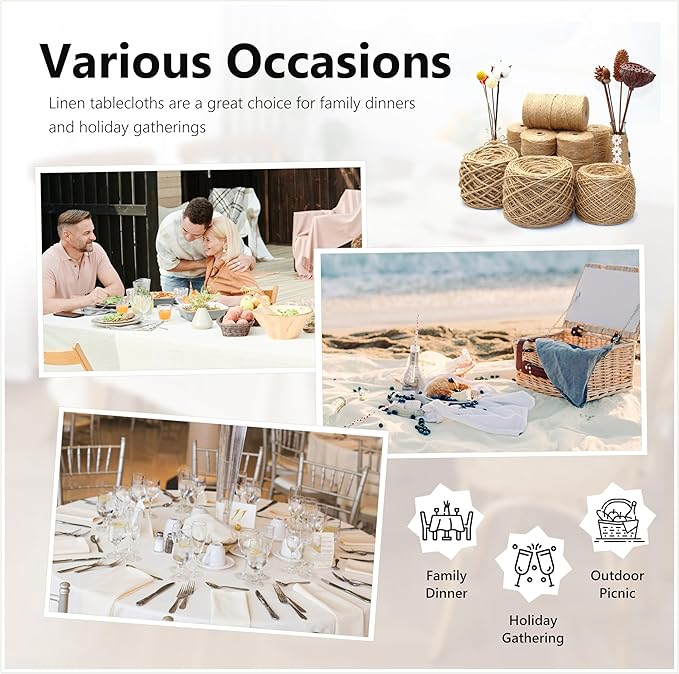 Linen World 100% Linen Tablecloth,Cream Tablecloth 132" x 90" Inch,Washable Rectangular Tablecloth for Dining,Outdoor,Weddings and Restaurants,Decorative Thanksgiving Christmas,Jacquard Weave Design