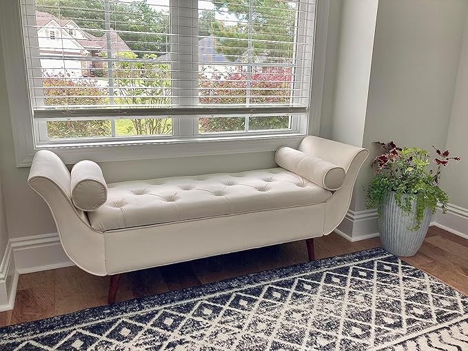 Velvet Storage Bench for Bedroom End of Bed with 2 Pillow, Upholstered Button Tufted Storage Ottoman Bench Footstool Rolled Arm Solid Wood Legs for Entryway Living Room Dining Room (Beige)