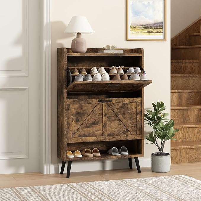 Shoe Storage Cabinet for Entryway, Set of 2, Hidden Shoe Cabinet with 2 Flip Drawers, Narrow Slim Shoe Cabinet for Hallway, Free Standing Wooden Shoe Organizer Shoe Rack, Rustic Brown