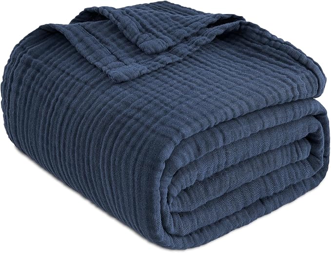 EMME Muslin Blanket 100% Cotton Twin Blankets Navy, 60"x80" Breathable Gauze Blanket All Season Soft and Lightweight Pre-Washed