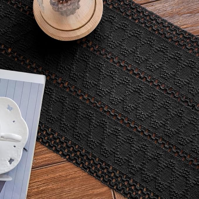 Macrame Table Runner Pure Black Boho Table Runners with Tassels Hand Woven Cotton Table Runner Rustic Farmhouse Table Runners for Bohemian Kitchen Dining Table(12x36in)