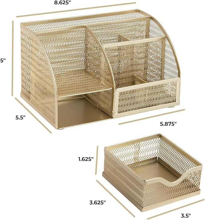BLU MONACO | Gold Desk Organizer with Drawer | Metal Desktop Caddy with Six Compartments for Office Supplies | Stylish Desk Organizers and Accessories for Home or Office