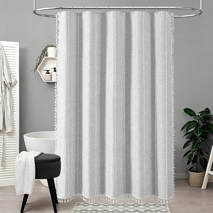 BTTN Stall Shower Curtain - 60x84 Long Boho Farmhouse Linen Fabric Tassel Shower Curtain Set with 10 Plastic Hooks, Narrow Bohemian Country Chic Decorative Cloth Shower Curtains for Bathroom - Grey