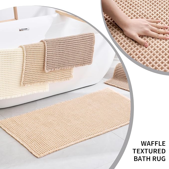Disolla Waffle Bath Mat, Non Slip Absorbent Small Bathroom Rug, Machine Washable Quick Dry Ultra Soft Bathroom Floor Mat, Beige/White Bath Rug for Tub Shower, 20''x32''