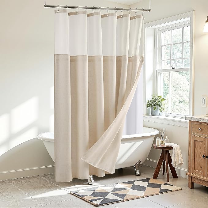 Naturoom Linen Shower Curtain 72 Inches Long for Bathroom with Snap in Liner Set Water Repellent Rustic Farmhouse Cloth Double Bath Curtains with See Through Top Ivory, 72x72