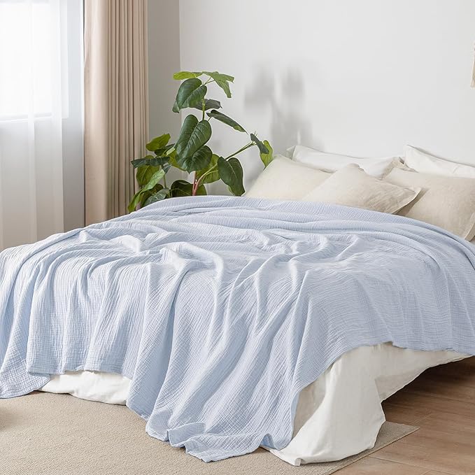 PHF 100% Cotton Muslin Blanket Queen Size 90"x90", 4-Layer Lightweight Gauze Throw, Breathable Cloud-Soft Minimalist Blanket for Bed, Couch, Camping, Ancient Water, Ideal Gift