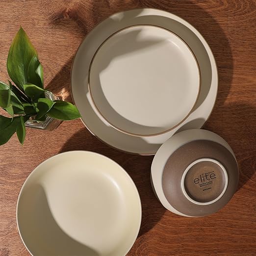 Gibson Elite Laguna Bliss 16 Piece Stoneware Reactive Glaze (Service for 4) Ceramic Plates and Bowls Dinnerware Set - Matte Cream White W/Terracotta Bottom
