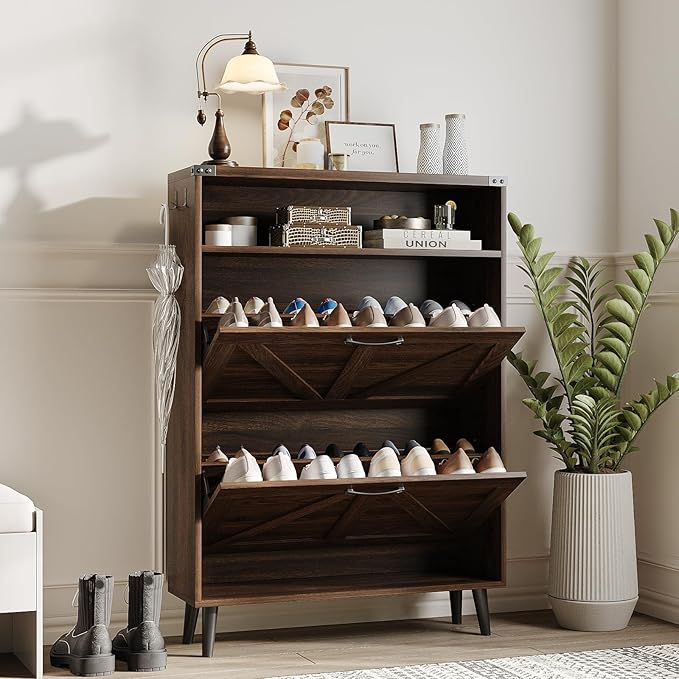 Halitaa Shoe Cabinet with 2 Flip Drawers & Open Storage,Farmhouse Shoe Storage Cabinet for Entryway,Freestanding Narrow Organizer Rack with Legs,Foyer,Hallway,Dark Walnut