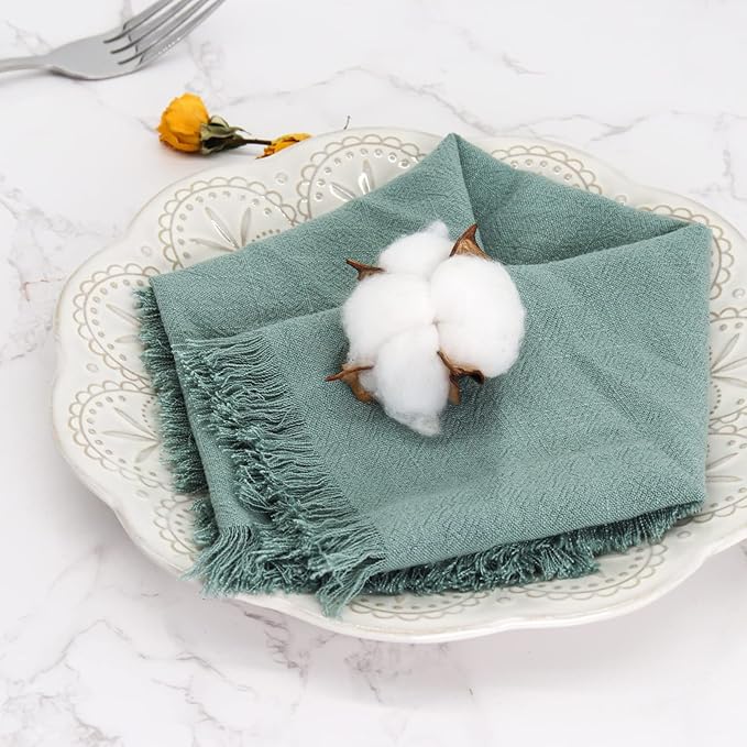 Handmade Cloth Napkins with Fringe,18 x 18 Inches Cotton Linen Napkins Set of 6 Versatile Handmade Square Rustic Fringe Napkins for Dinner, Wedding and Parties, Sage