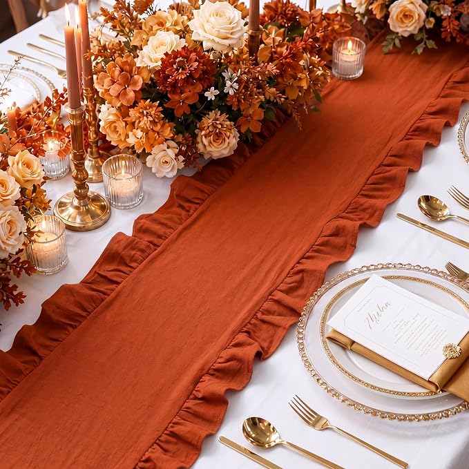Terracotta Ruffled Table Runner 72 Inches Long Scalloped Table Runner Rustic Cotton Tabletop Farmhouse Decor for Baby Shower Bride Shower Birthday Party Holiday Wedding(Solid Color)